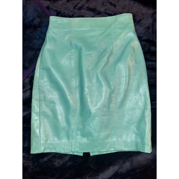 VINTAGE 80's EIGHTIES VAKKO AQUA TURQUOISE LEATHER SKIRT - Picture 4 of 8